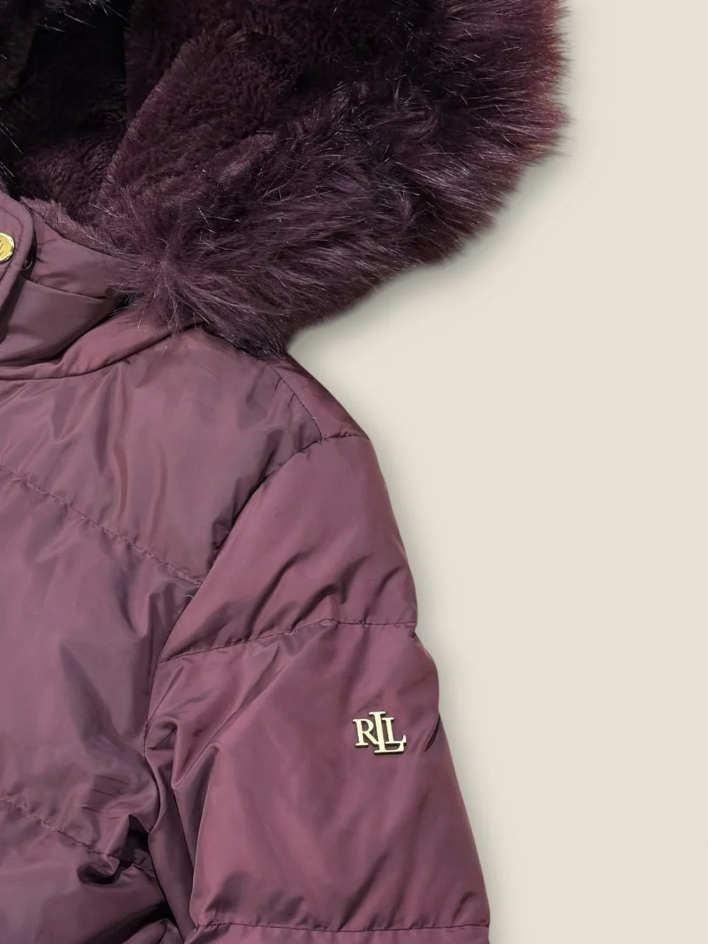 Ralph Lauren Deep Plum Long Puffer Coat with Faux Fur Hood Medium